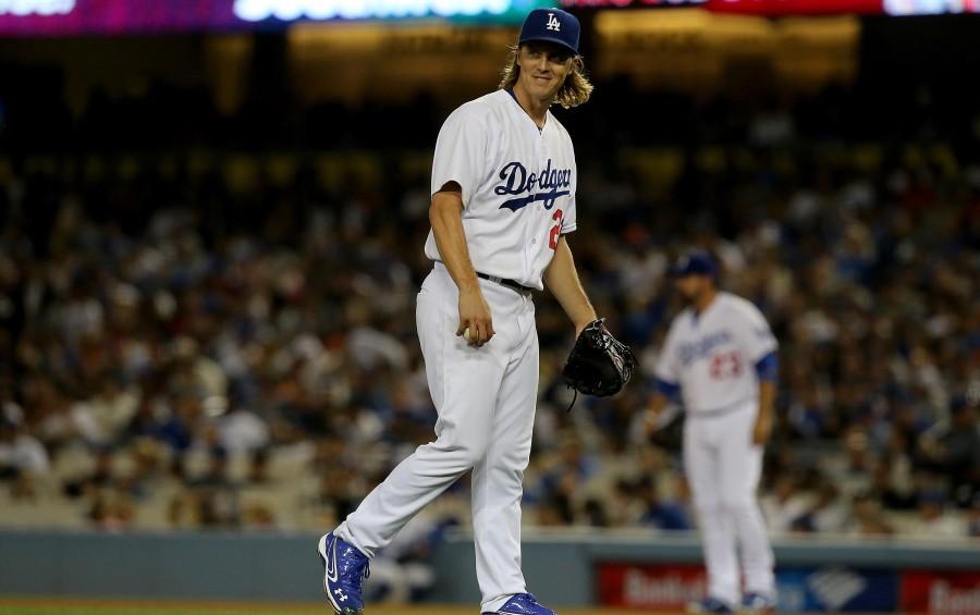 Los Angeles Dodgers starting pitcher Zack Greinke smiles as he heads into the seventh inning having given up only one hit to the rival San Francisco Giants at Dodger Stadium in Los Angeles on Tuesday, Sept. 1, 2015. The Dodgers won, 2-1. (Luis Sinco/Los Angeles Times/TNS)