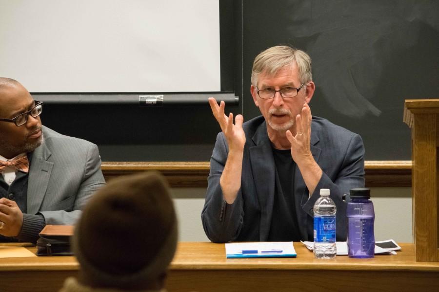 Criminology professor, Keith Crew, speaking at the non-partisan criminal justice panel hosted by Students for Rand at Seerely Hall on Wednesday