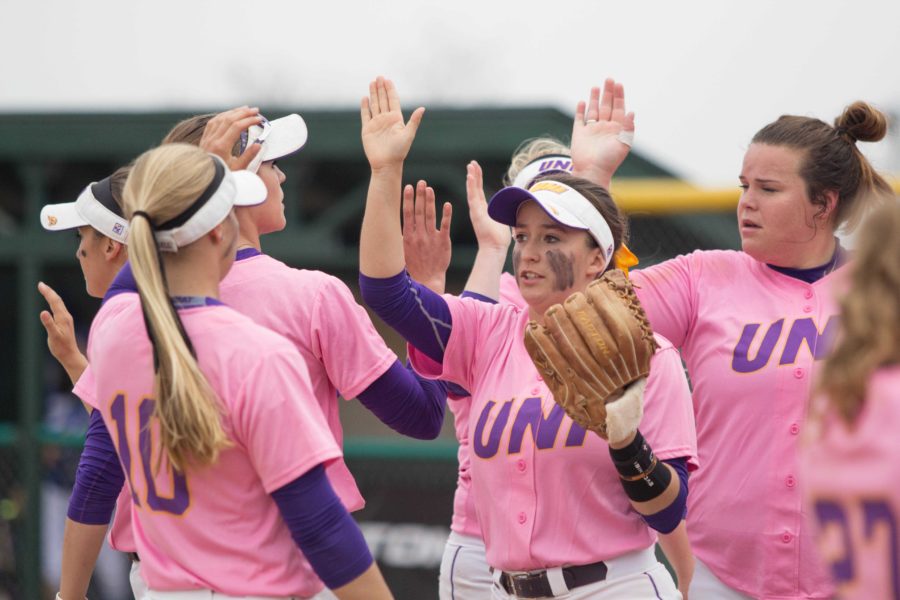 The team celebrates their victory over Drake. The Panthers have now won nine of their last 11 games. 