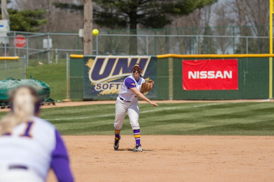 Brittany+Kridinger+throws+the+ball+to+first+base.+The+Panthers+scored+23+runs+during+the+three-game+series.+