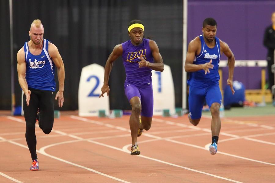 Brandon Carnes, pictured middle, sprints in the 200-meter dash. Carnes now has the fastest 200-meter dash in the MVC with a time of 21 seconds