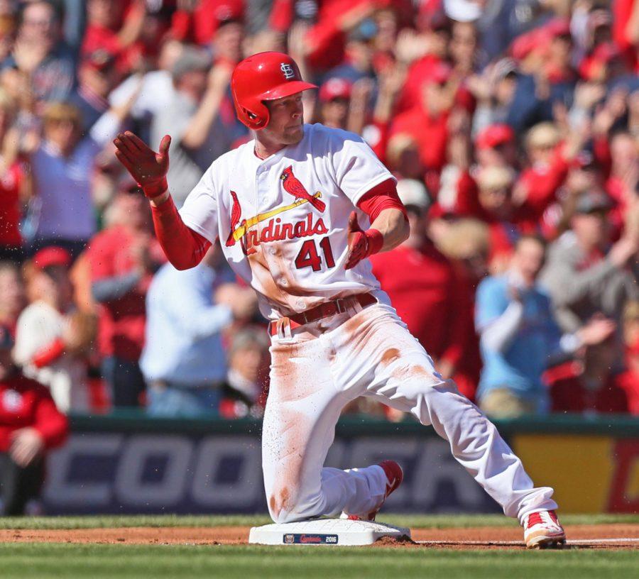 Jeremy Hazelbaker celebrates after hitting a triple against the Milwaukee Brewers. Hazelbaker leads the NL with a .536 batting average