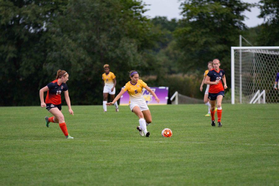 Amber Nieland (5) escapes her defender and scores a goal to put UNI ahead 3-0 against Midland. Nieland has scored three goals on the season. 