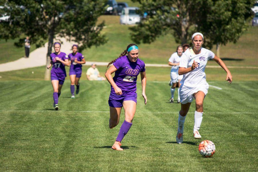 Brynell Yount (22) sticks close to the ball carrier as she dribbles downfield. Maddie Lesjak and Yount were clear contenders for the MVC POTW. 