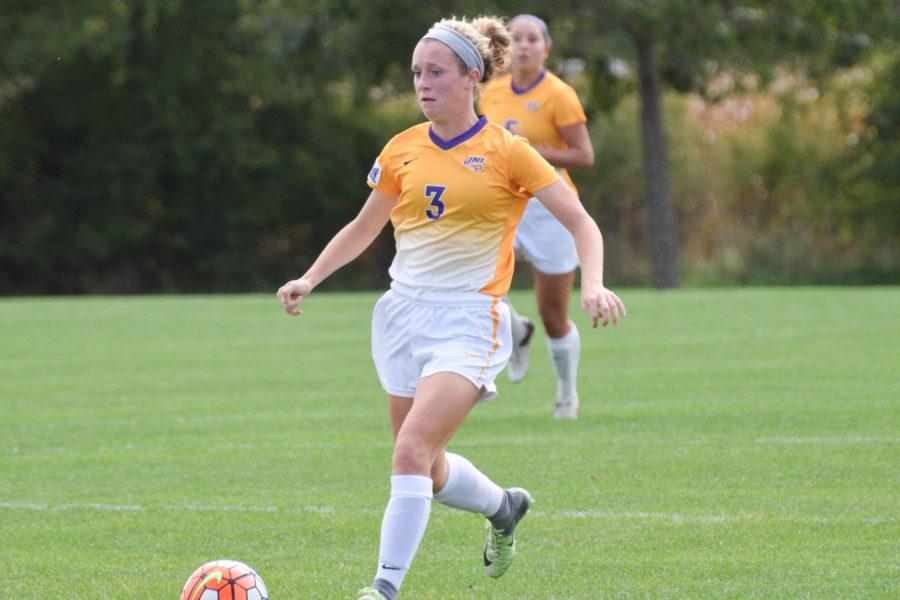 Sydney Hayden (3) finds some room to dribble up-field against Viterbo University. UNI finds their regular home season record at 7-1-1 after their only loss to Iowa State University