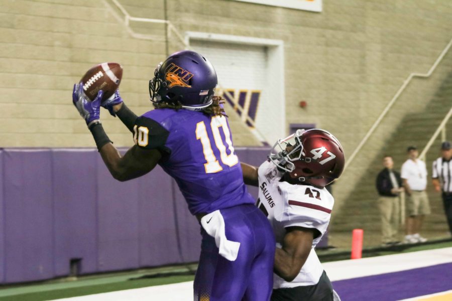 Daurice Fountain (10) catches his first touchdown of the night against Southern Illinois. Fountain had three receiving touchdowns this weekend.