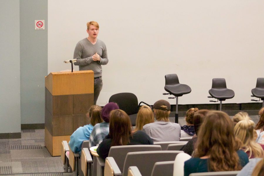 Andrew Duff speaks in Kamerick Art Building room 111. Duff, a New York City actor, is on the autism speaks spectrum and discussed what it is like for him. 