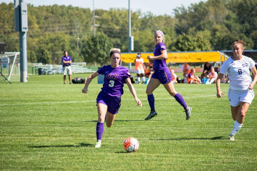 Sydney Hayden (3) dribbles the ball up the  field and looks to score. Hayden recorded two goals this season and UNI finished third in the MVC.