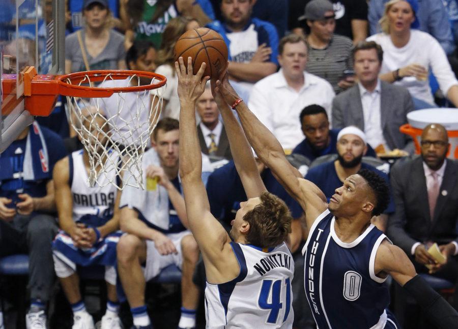 Russell Westbrook (0) blocks Dallas Mavericks Dirk Nowitzki (41) layup during the second half of Game Three during the Western Conference quarterfinals in Dallas. Westbrook currently has 167 blocked shots during his entire career in the NBA.