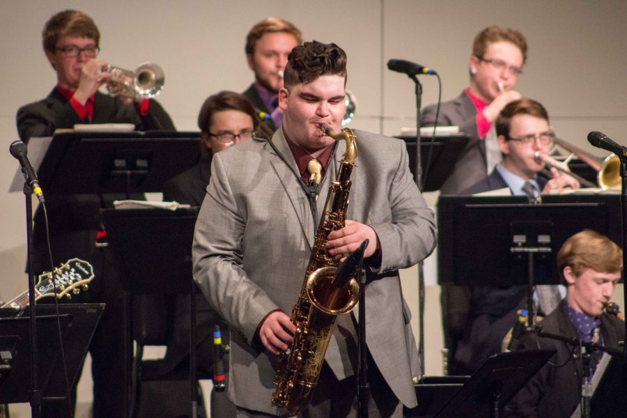 Abram Miller, sophomore composition-theory major, jams away on his saxophone. Miller is a part of UNI Jazz Panthers.