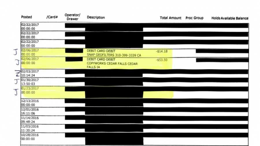 Pictured are financial statements sent to the Northern Iowan. These records show charges that appeared on the American Marketing Associations debit card statement that were later attributed to Jamal White.