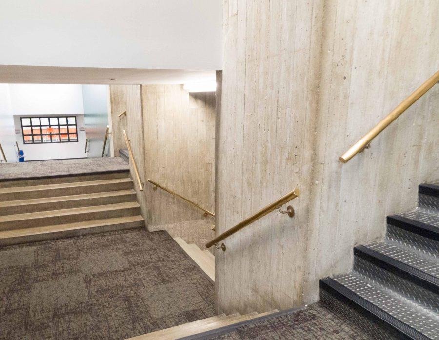 Pictured is the lower level of Maucker Union. The lower level is abundant with small staircases.