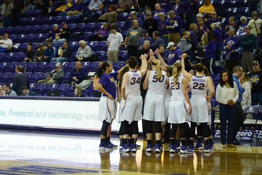 The team celebrates over their final regular season victory. Their first game of the MVC tournament will be on Friday at 6 p.m. in Moline, Illinois and will play the winner of game two (Bradley vs. Loyola).