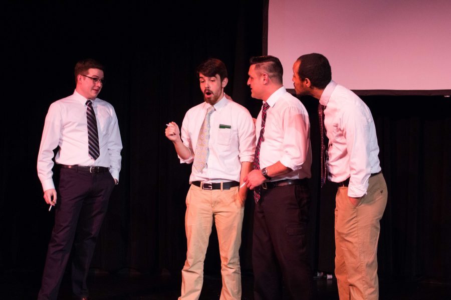 UNI communication and performance studies graduate student Ryan Courtney (pictured far left) wrote, directed and starred in the original play Boys Will Be Boys this past weekend at the Interpreters Theatre. 