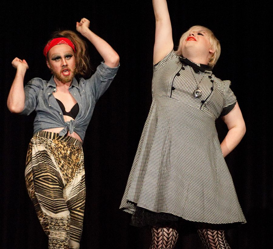 Drag performers Lana del Gay (left) and Artemis Cardiac (right) took the stage on Monday for UNI Prouds annual Drag Ball.