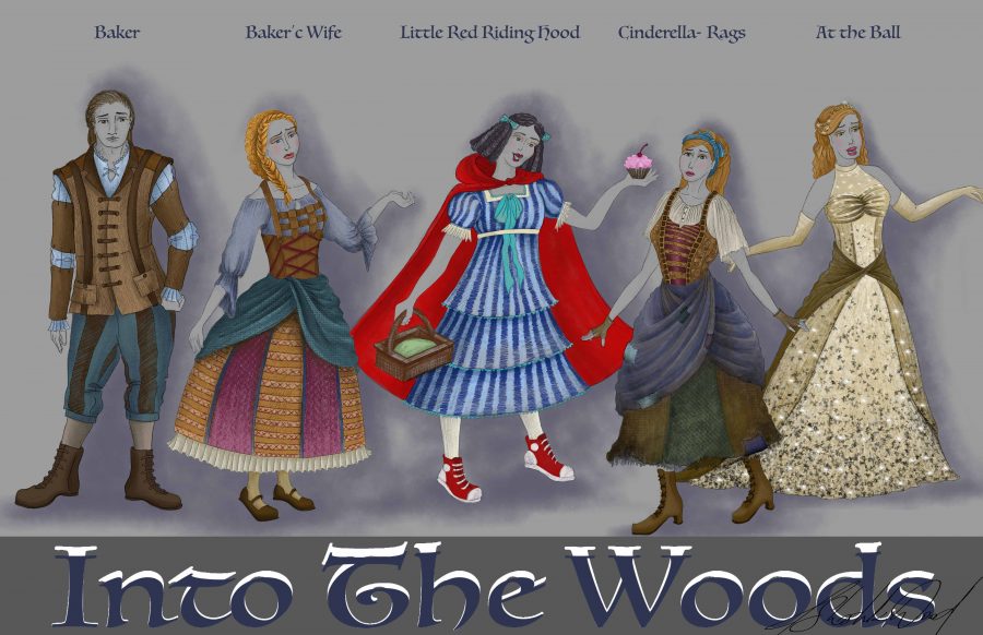 Theatre UNI will be presenting three performances of the musical Into the Woods  this upcoming weekend at the Gallagher Bluedorn Performing Arts Center. Pictured above are the costume renderings characters in the show, such as the Bakers Wife, Little Red Riding Hood, and Cinderella.