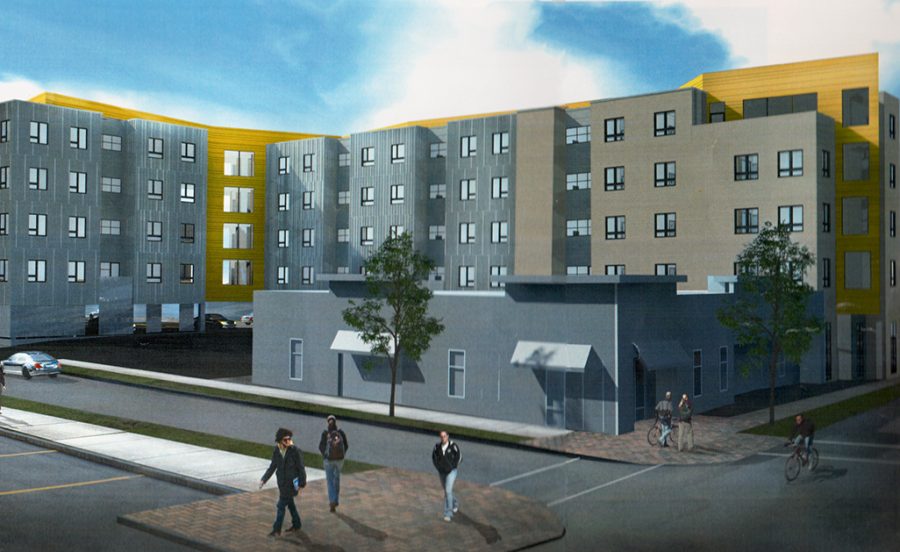 Concept art for the proposed apartment complex, The Landing, which will replace Gingers.