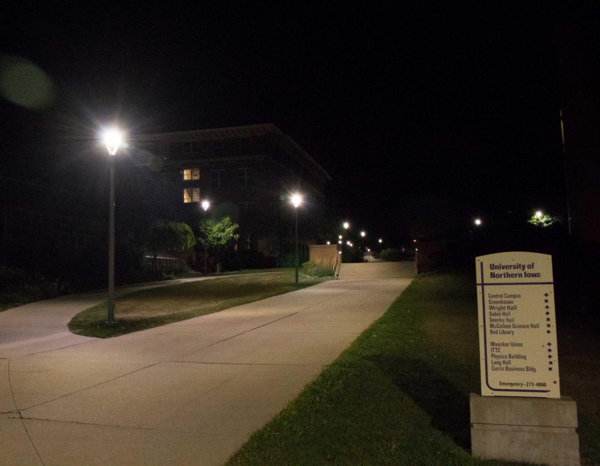 The sidewalk lights across campus were recently replaced with newer models that produce whiter light.