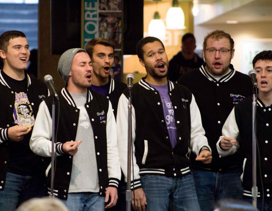 The SingPins, a 13 member a capella group, sang in the Maucker Union last Tuesday. The SingPins used to be called Camarata.