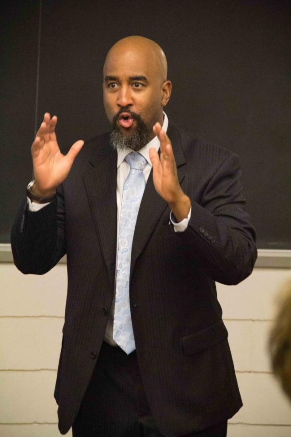 Derrick Darby, visiting professor and philosopher from the University of Michigan, came to UNI to discusses the problems of racism in education.