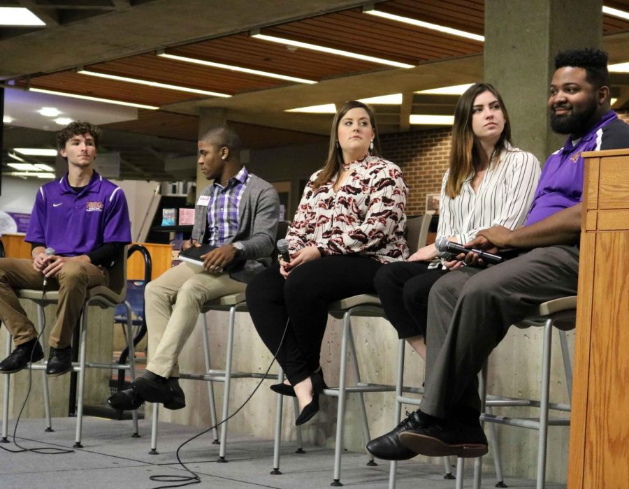 The NISG upper cabinet, pictured, answered questions about NISG and various on-campus issues at their first ever town hall. From left to right: Tristan Berhard, vice president, Jamal White, president, Maggie Miller, dir. of gov. relations, Danielle Massey, dir. of finance, and Darvel Givens, dir. of diversity.
