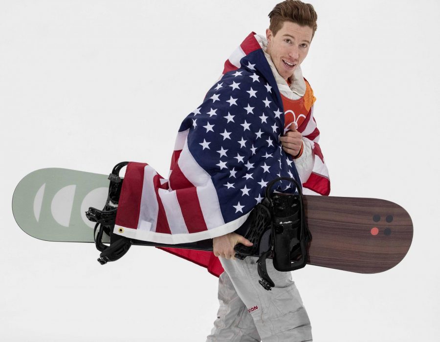 Shaun White celebrates his gold place finish in the mens halfpipe snowboard finals in PyeongChang. 