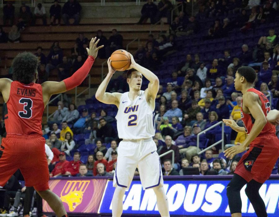 UNI won one game before losing their second in the Missouri Valley Conference Tournament this past weekend. Klint Carlson (2) scored nine points in the first game.