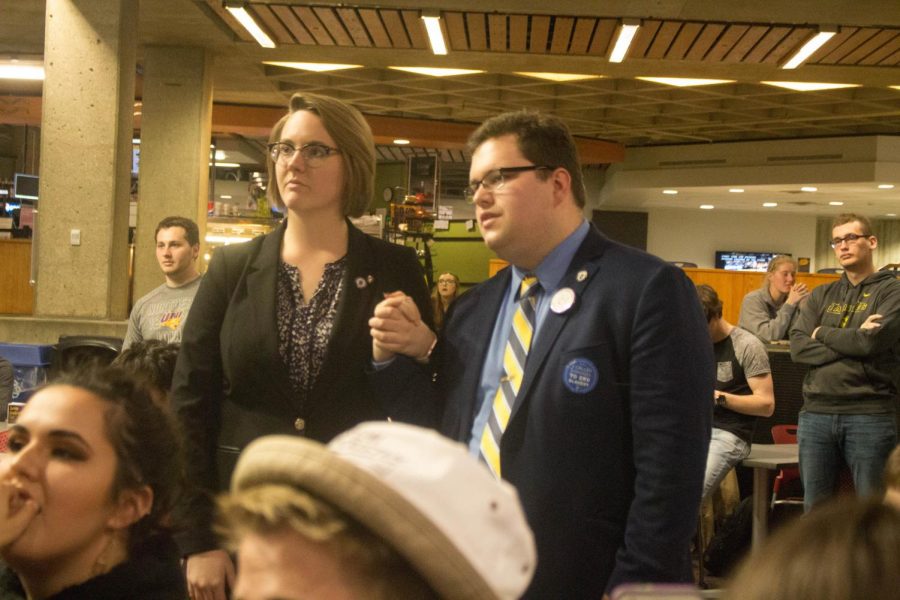 Vice presidential candidate Kristen Ahart and presidential candidate Drew Stensland wait in anticipation for the election results.