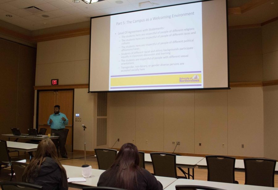 Then-Northern Iowan Student Government Director of Diversity Darvel Givens presents Diversity Survey results in the Maucker Union Ballroom.