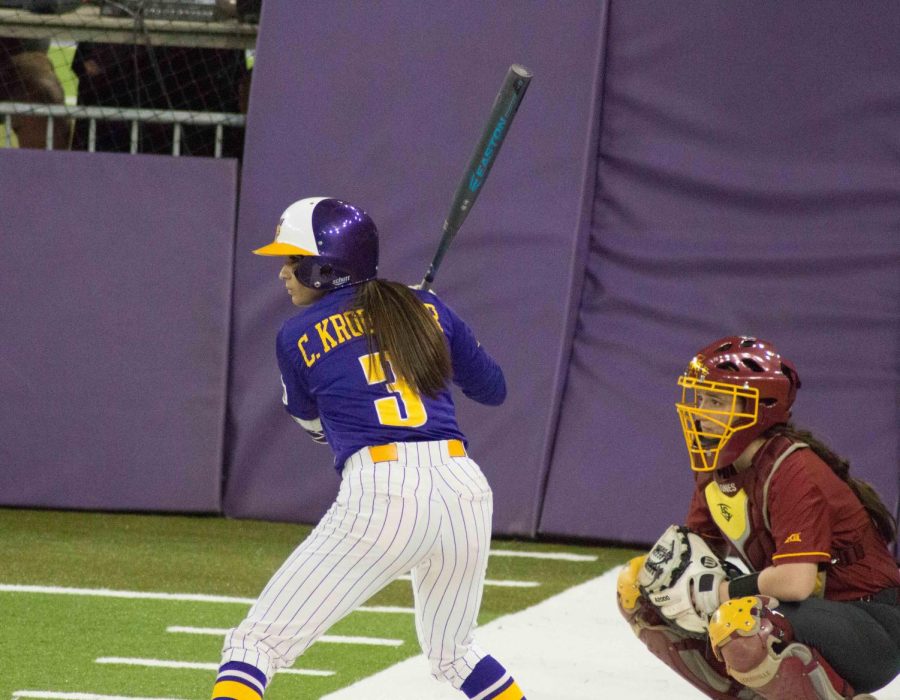 Junior Courtney Krodinger (3) steps into the batters box against the Iowa State Cyclones last Thursday in the UNI-Dome.