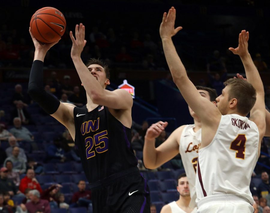 Bennett Koch (25) goes up for a basket against Loyola-Chicago during last months MVC tournament in St. Louis.