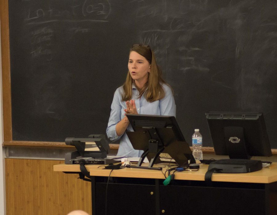 Professor Donna Hoffmann addresses students during her lecture.