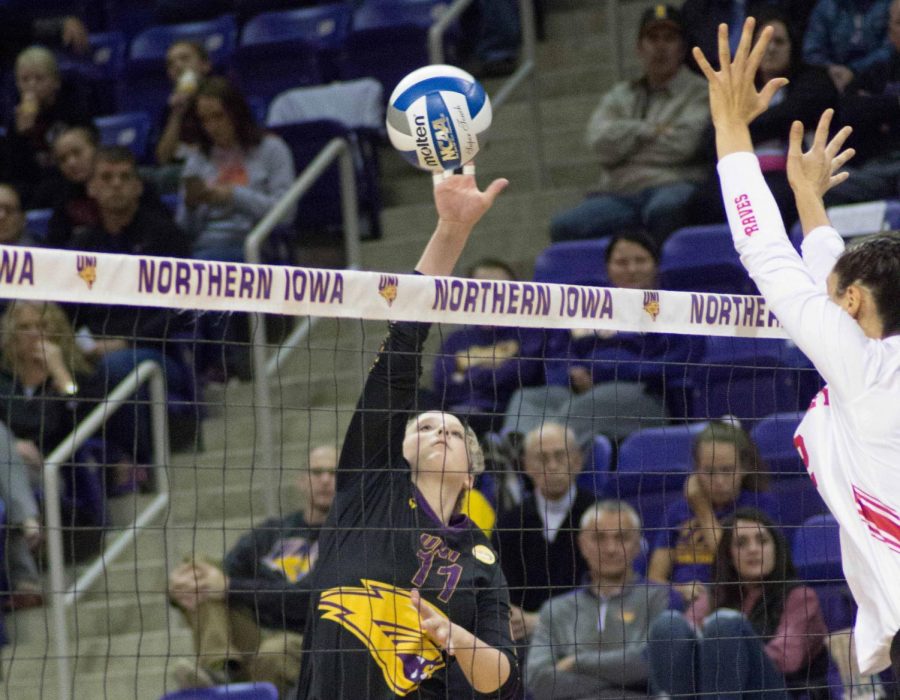 The UNI volleyball team took over sole possession of first place in the Missouri Valley Conference on Saturday night with their 3-1 win over the Bradley Braves.