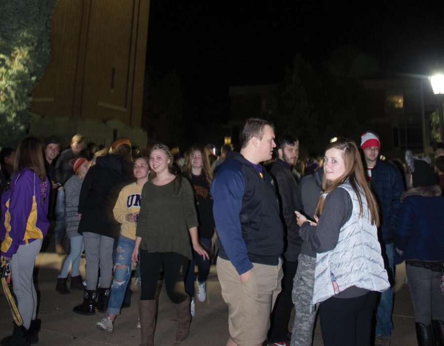 Students gathered at the Campanile on Oct. 20 at midnight to participate in the long-held homecoming tradition.