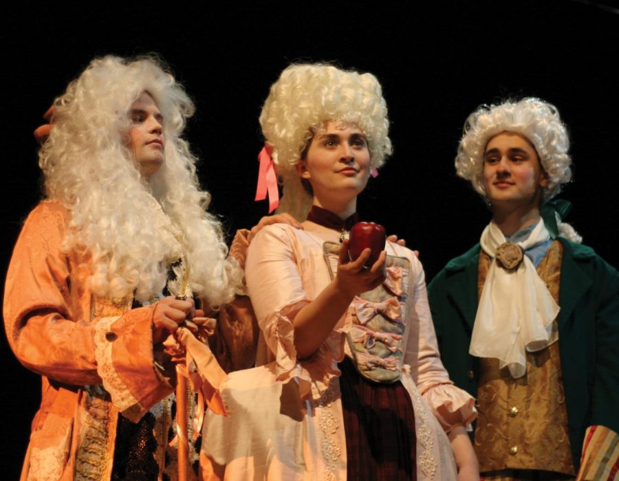 Theatre UNIs production of Legacy of Light will show in Strayer-Wood Theatre from Feb. 21 through March 3. Main characters include Voltaire (Jakob Reha, left), Emilie du Châtelet (Dani Schmaltz, middle)  and Saint-Lambert (John Schaeffer, right).