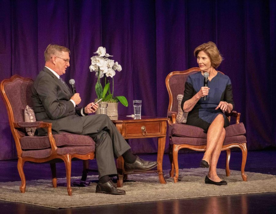 Former U.S. First Lady Laura Bush answers questions from UNI President Mark Nook during her Joy Cole Corning Lecture on Wednesday, Oct. 9.