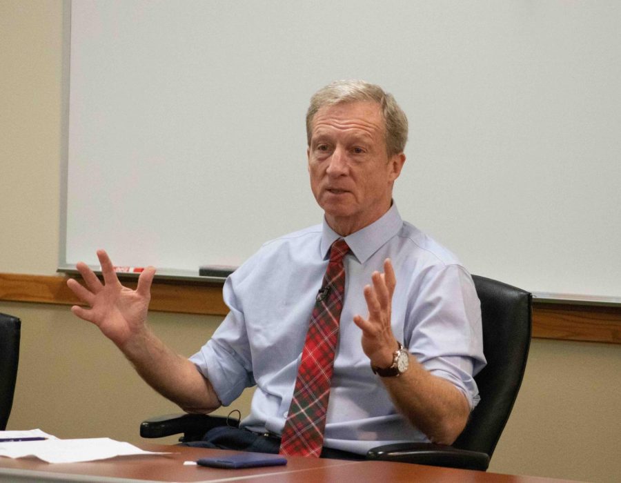 Presidential candidate Tom Steyer spoke with UNI students and Cedar Valley community member in Maucker Union on Monday.