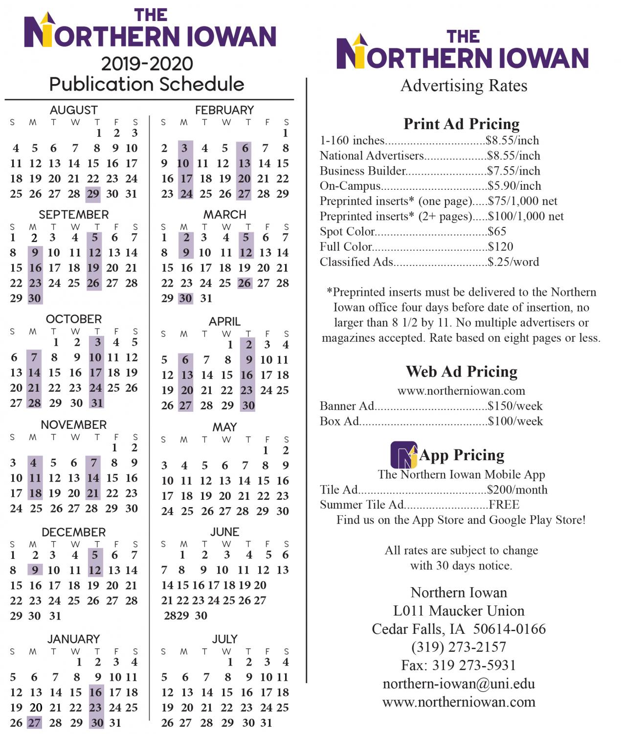 Publication Schedule – Northern Iowan