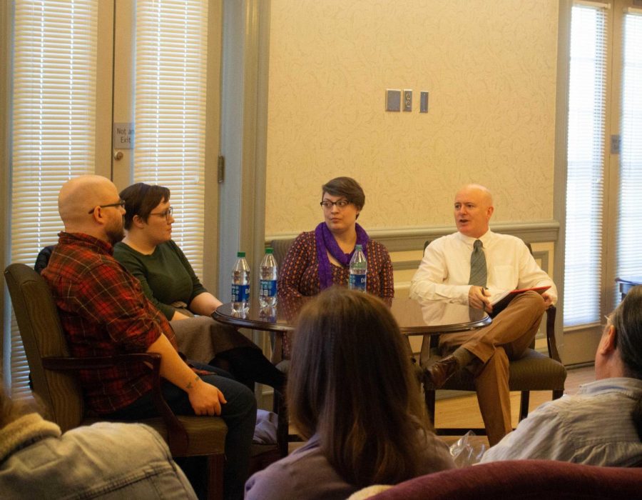 UNI alumni Zach Lowe, Alissa Cornick and Jessica Bamford-Love (L-R) discussed careers in libraries at a roundtable discussion hosted by Professor Jim O’Loughlin (far right) on Friday, March 6.