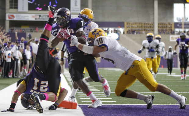 UNI Running Back David Johnson crosses into the endzone for one of his two touchdowns in the Panthers 41-6 rout of McNeese State on Sept. 28, 2013.