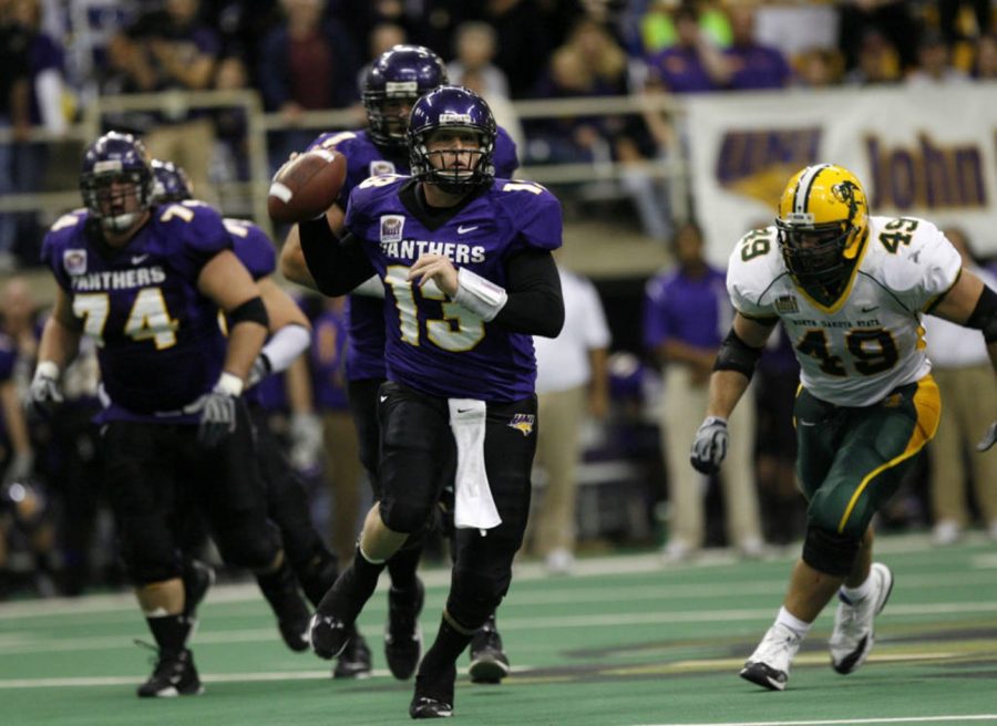 UNI+quarterback+Pat+Grace+escapes+pressure+form+the+NDSU+defense+on+Oct.+18%2C+2008.+The+Panthers+defeat+the+Bison+23-13.