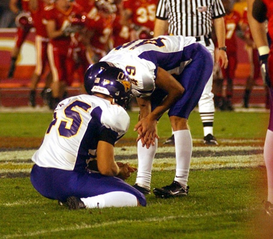 UNI kicker Brian Wingert reacts to missing the potential game-winning field goal against Iowa State on Sept. 30, 2006