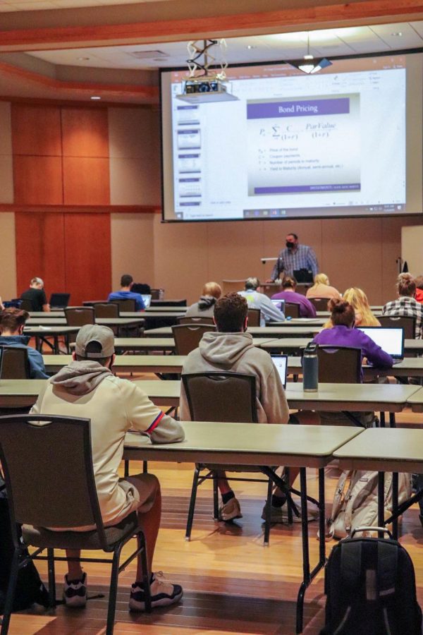 Students attend a socially distanced in-person class in the Maucker Union Ballroom. Next semester classes will offer a similar mix of online, in-person and hybrid courses as students experienced during fall 2020.