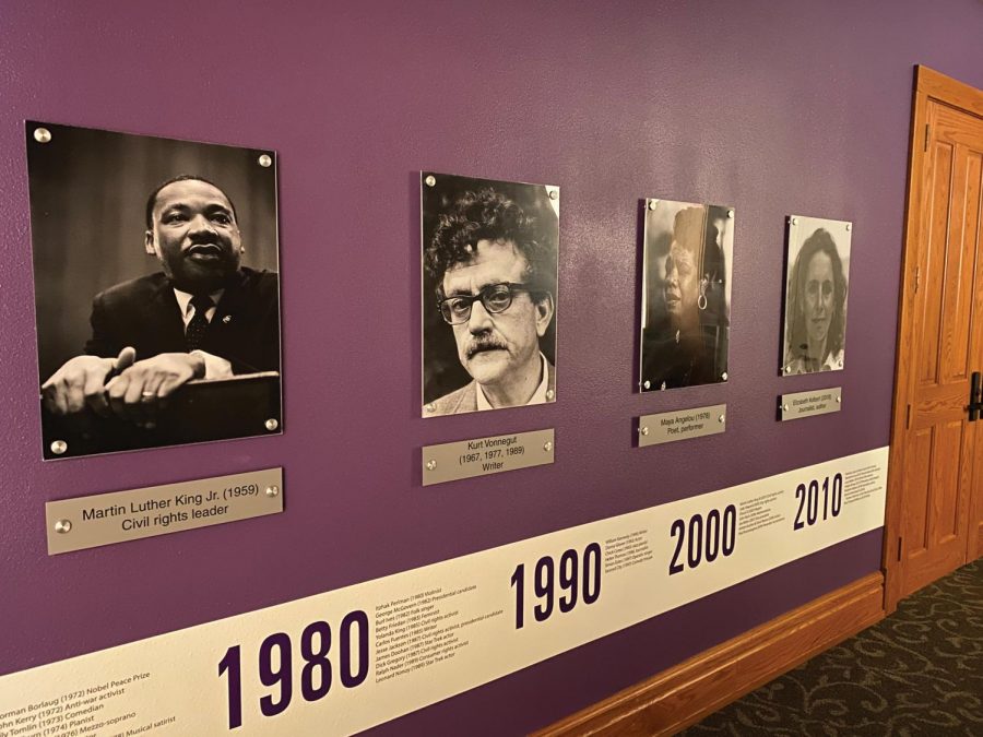 Just outside the Lang Hall auditorium, there is a  historical exhibit displaying notable historical figures who have visited and spoken in the auditorium.