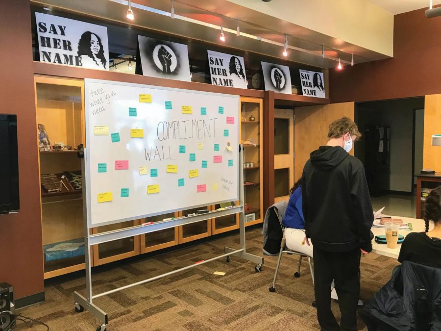 Students looking for a self-esteem boost can look to the CMEs compliment wall located upstairs in Maucker Union.
