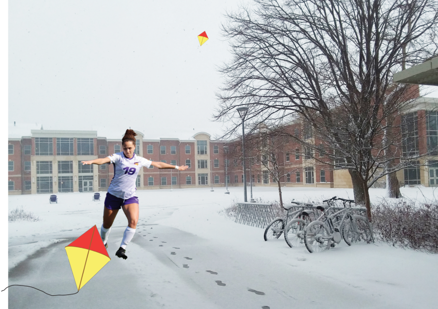 Student athletes urge peers to embrace the wind and ice and cheer them on in their kite flying and ice skating seasons.