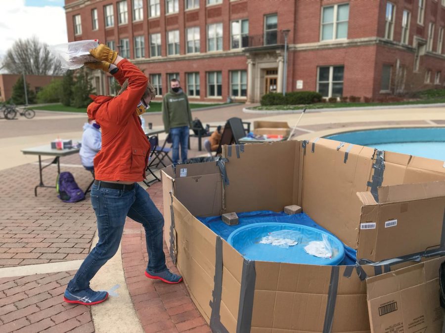 Students got the chance to let off some steam by smashing plates outside Maucker Union.