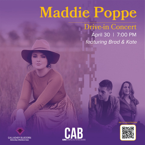 Maddie Poppe, accompanied by Brad & Kate, will perform a drive-in concert on April 30.