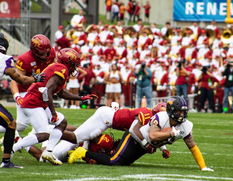 Northern Iowas Quan Hampton clears the endzonea\ after a 52-yard catch-and-run in the first quarter against Iowa State, putting the Panthers up 7-0 early on in the contest at Jack Trice Stadium.