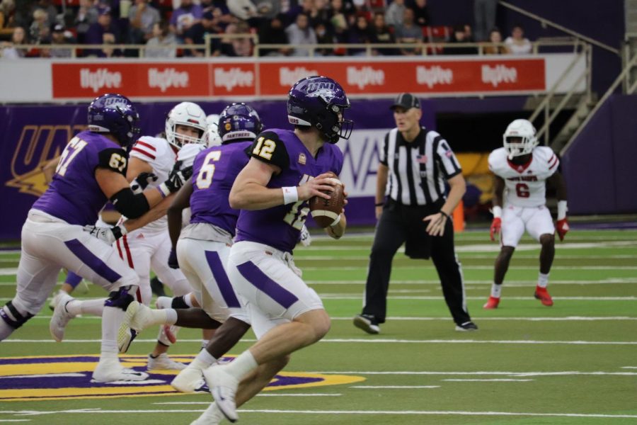 UNI quarterback Theo Day completed 25 out of his 35 pass for 300 yards, two touchdowns and two interceptions.